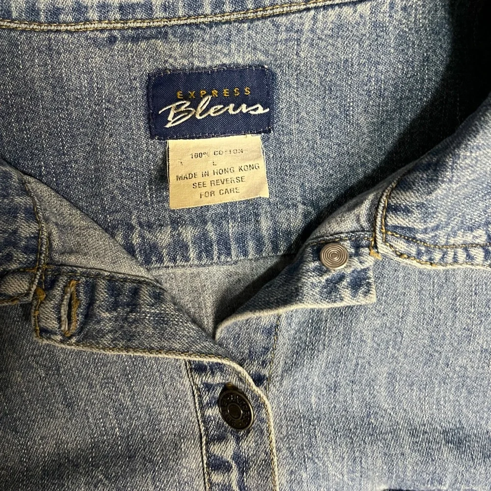 Vintage Express Bleus Blue Denim Distressed Button Long Sleeve Shirt Jacket LG - Picture 6 of 9